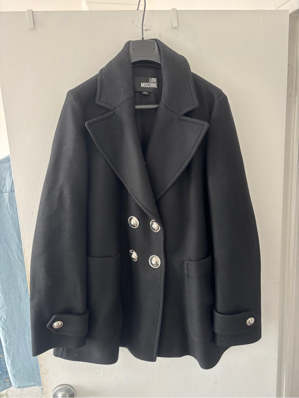 Love Moschino Black Double-Breasted Pea Coat with Silver Buttons Size 8